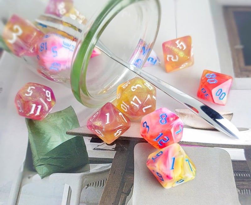 vvpesca Orange Glitter DND Dice Set of 7 – Polyhedral Dice Set for D&D, Dungeons and Dragons, Role Playing Games, MTG, COC, RPGs Accessories – D20 System Games Purple Gold Glitter Dice (Orange Jelly) - Image 4